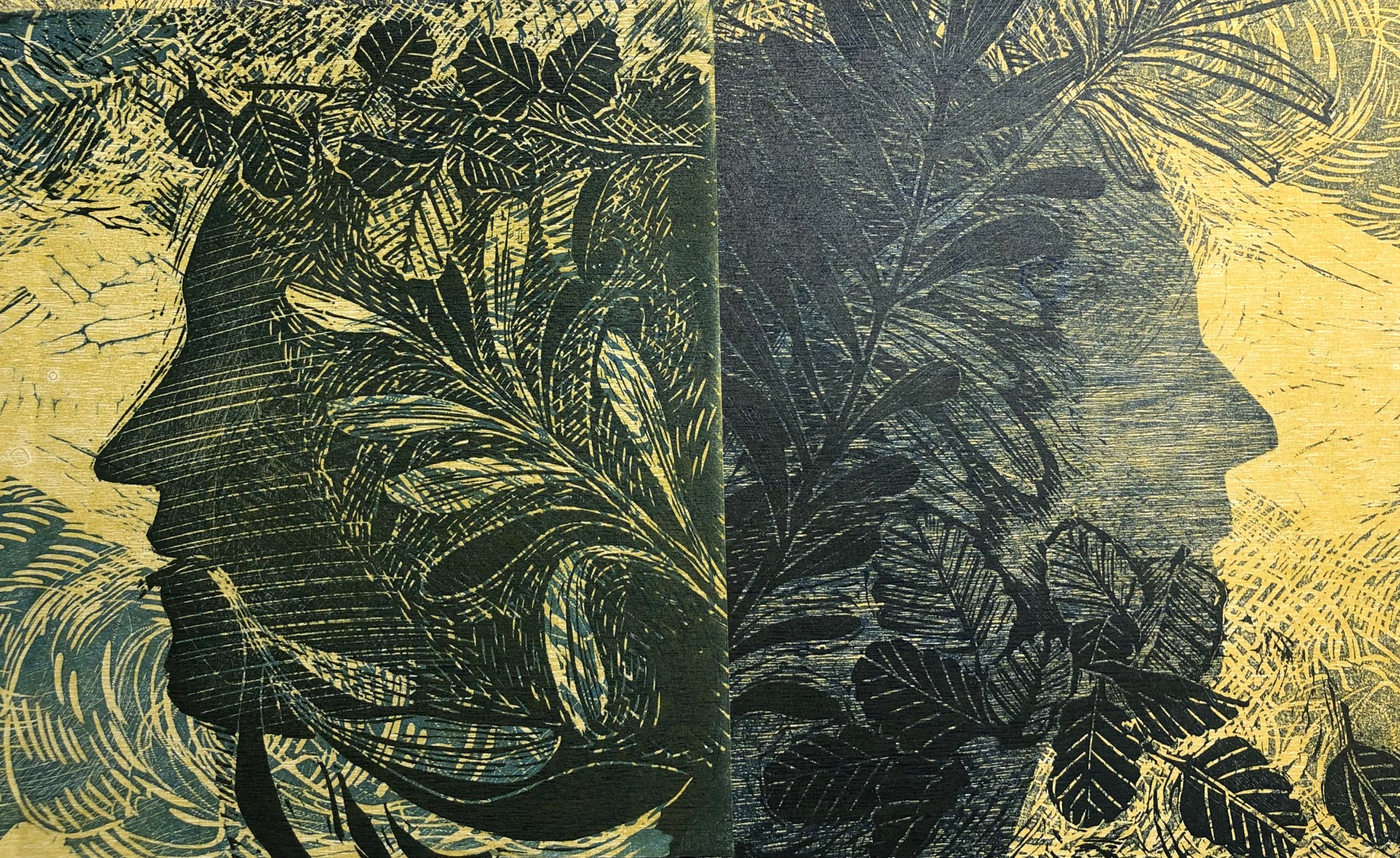 linocut and woodblock print of 2 faced Janus